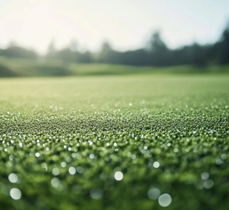 Close-up of a green golf course with water droplets and blurred background
