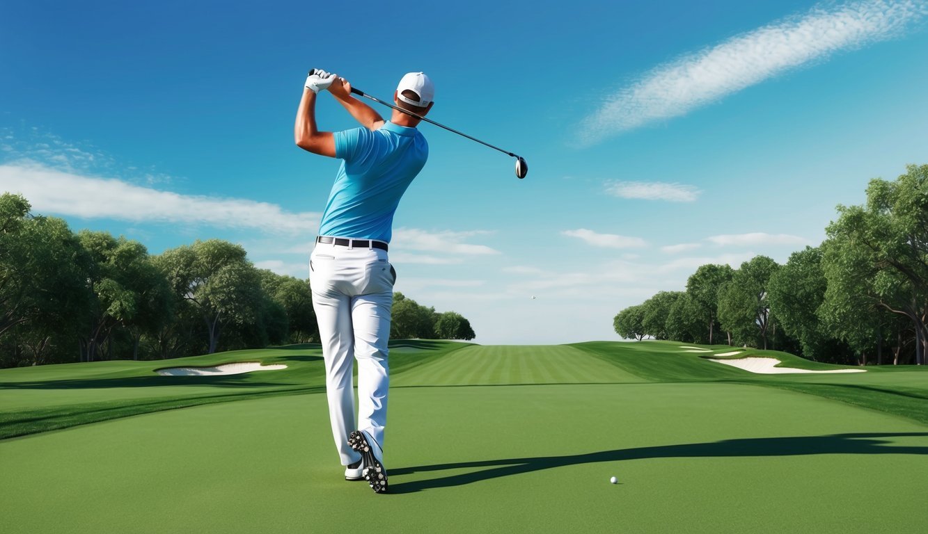 A golfer swings a 4 hybrid club on a lush fairway under a clear blue sky