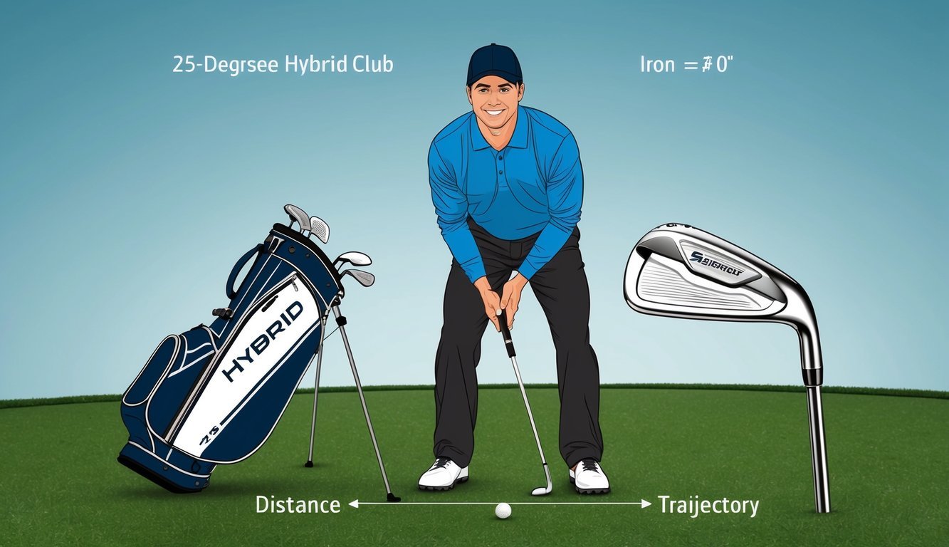 A golfer holding a 25-degree hybrid club next to an iron, comparing the two clubs for distance and trajectory