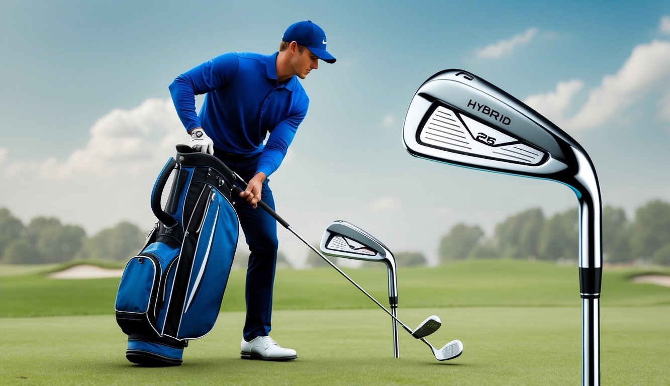 A golfer holds a 25-degree hybrid club next to a traditional iron, showcasing the difference in length and club head size