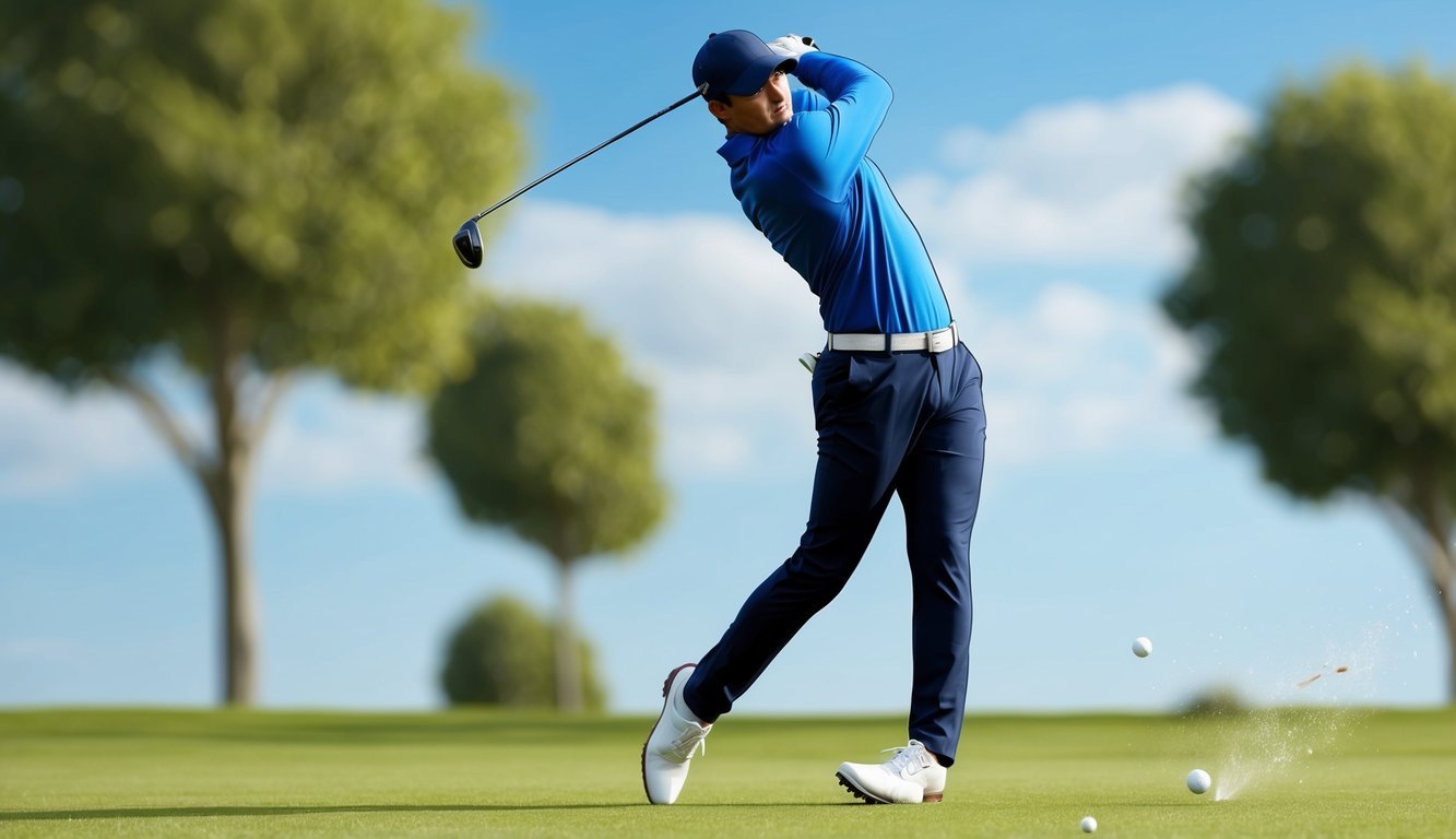 A golfer swings a 25 degree hybrid club, hitting a ball on a grassy fairway, with trees and a blue sky in the background