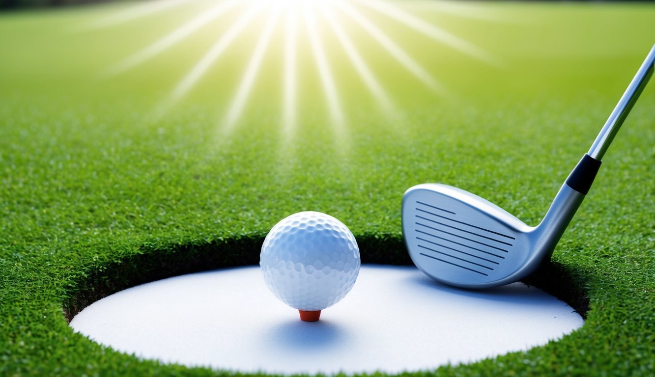 A golf ball teed up on a lush, green fairway, with a 4 hybrid club resting next to it.</p><p>The sun is shining, casting a soft glow on the scene