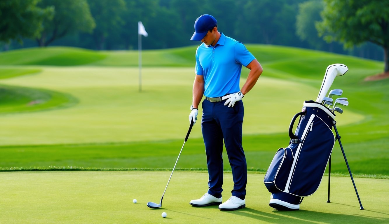 A golfer stands on the fairway, contemplating between a 3 wood and a 5 wood club for the next shot.</p><p>The lush green surroundings and distant flagstick are visible in the background