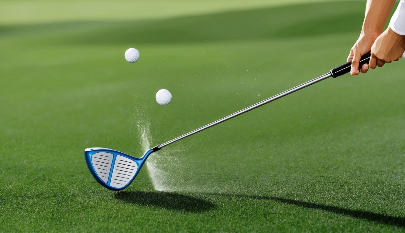 A golfer swings a 25 degree hybrid club on a lush fairway, with the ball in mid-air and the clubhead making contact