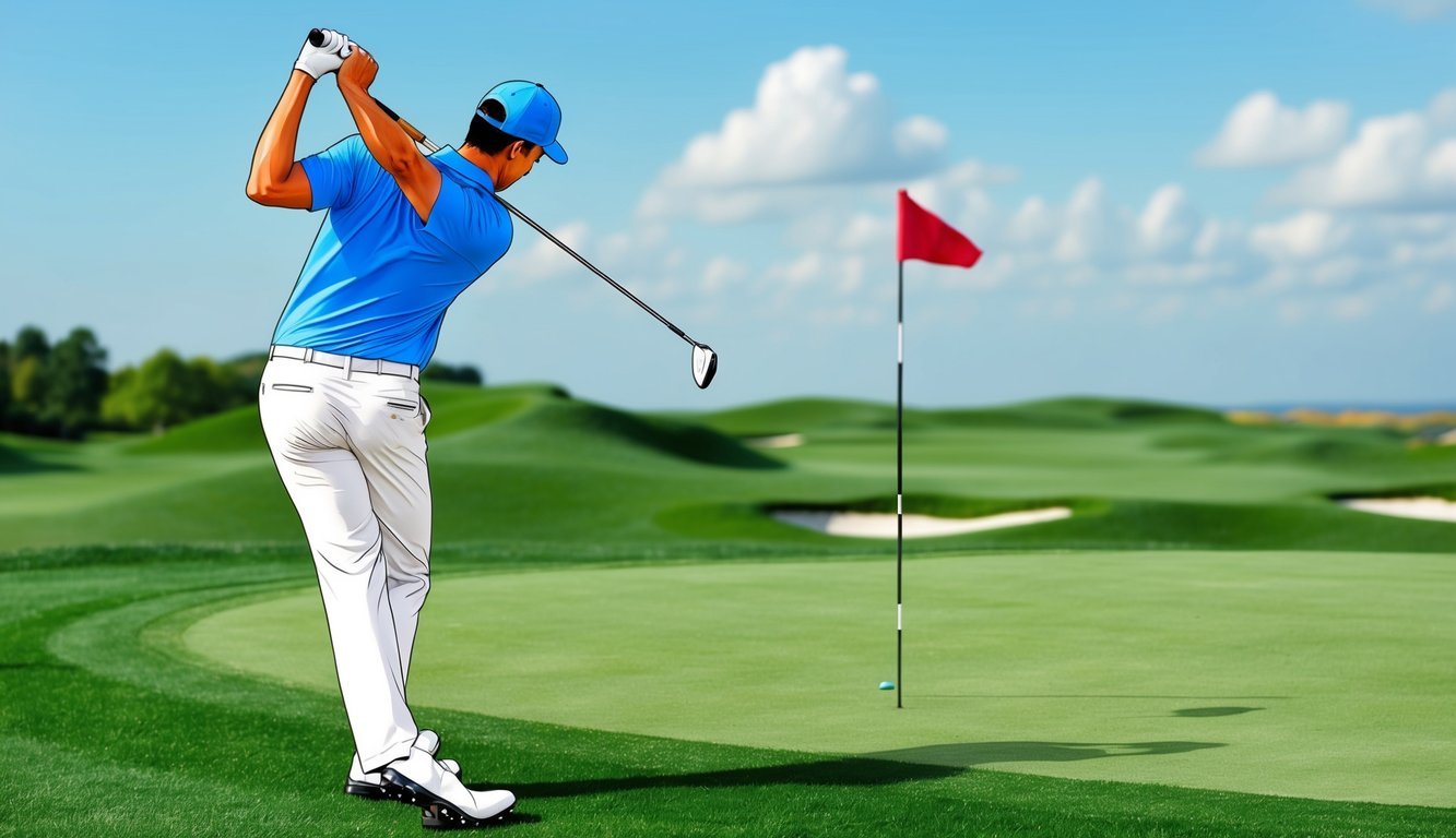 A golfer swings a 25-degree hybrid club on the lush, green fairway of a golf course, aiming for the distant flag on a sunny day