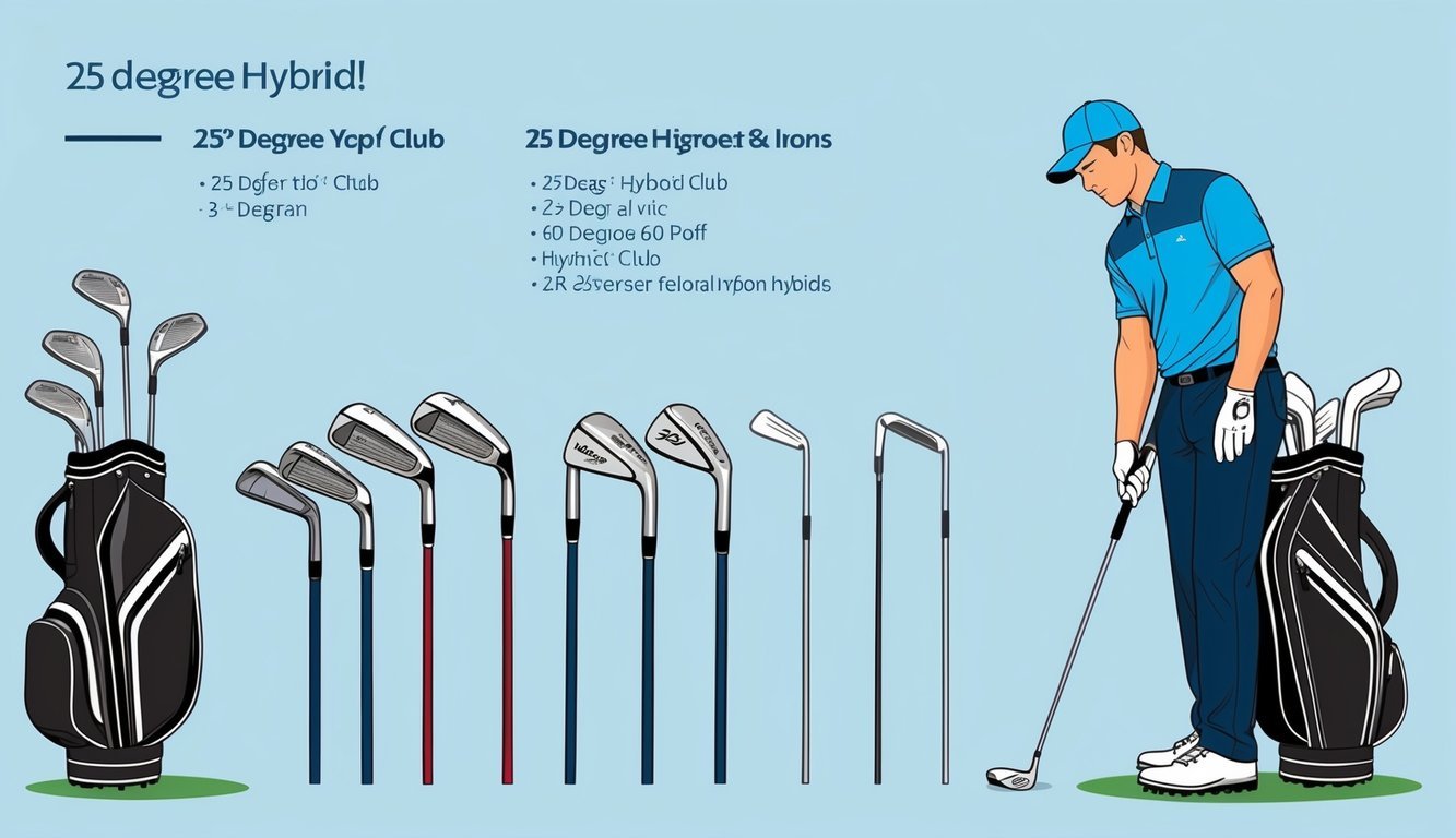 A golfer comparing a 25 degree hybrid club to various irons, with a bag of clubs nearby