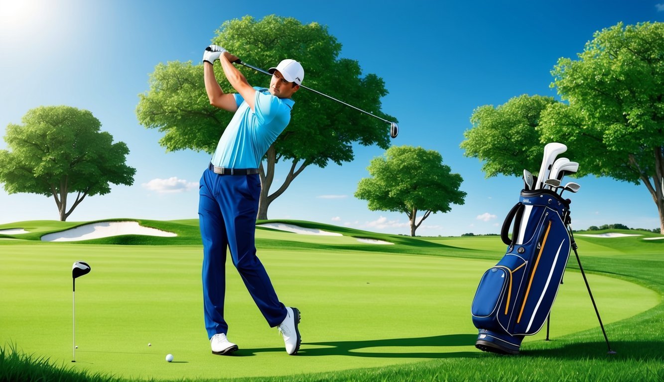 A golfer swings a 5 wood and a 3 hybrid club on a lush green fairway, with trees and a clear blue sky in the background