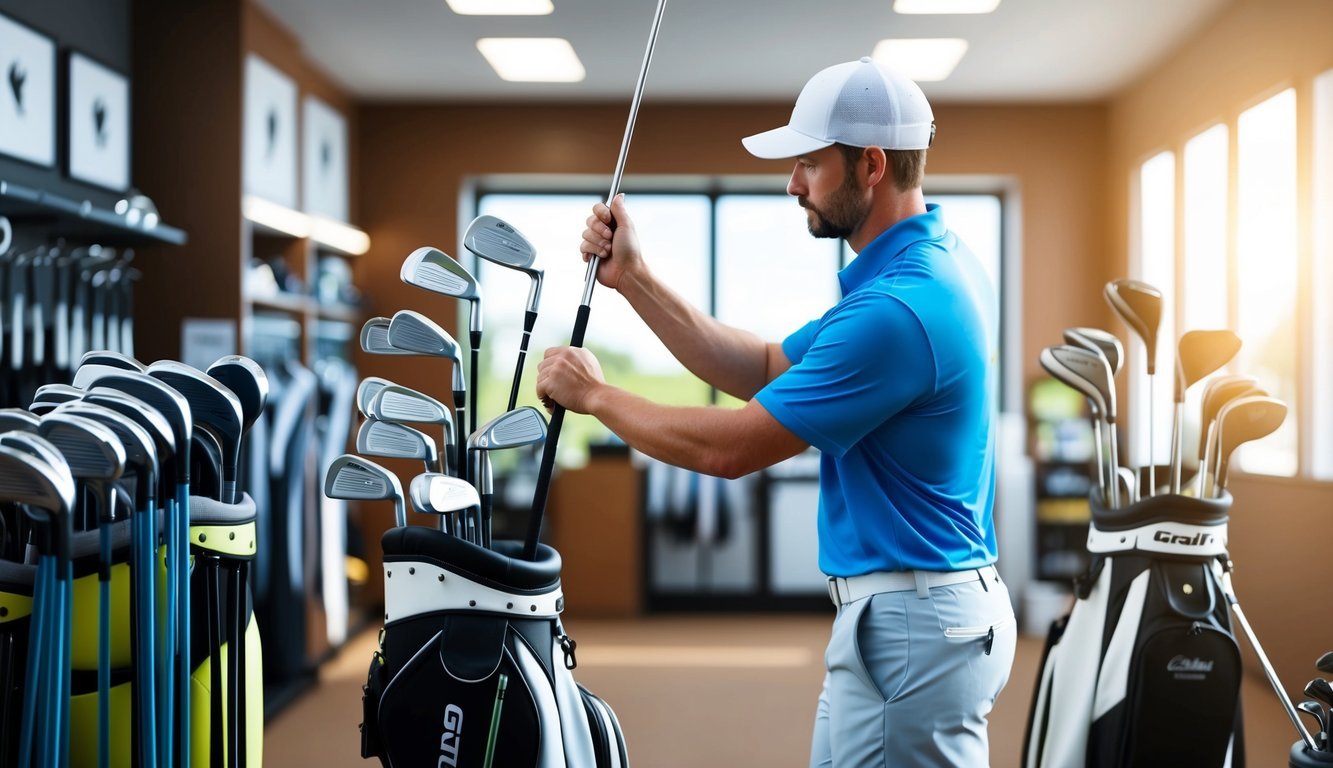 A golfer carefully selects a 7 wood club from a rack, surrounded by other golf clubs and equipment in a well-lit pro shop