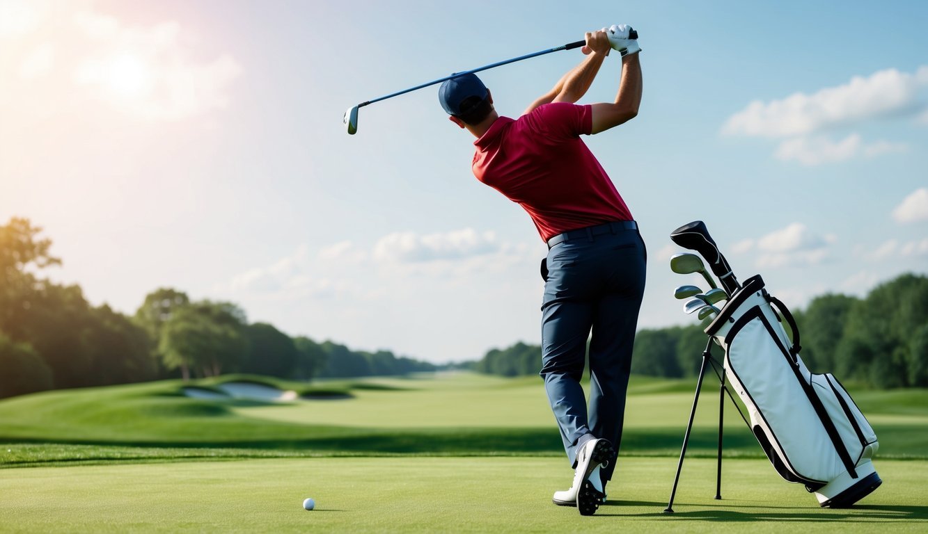 A golfer tees up with a 7 wood and 4 hybrid club, preparing to take a swing on a lush green fairway