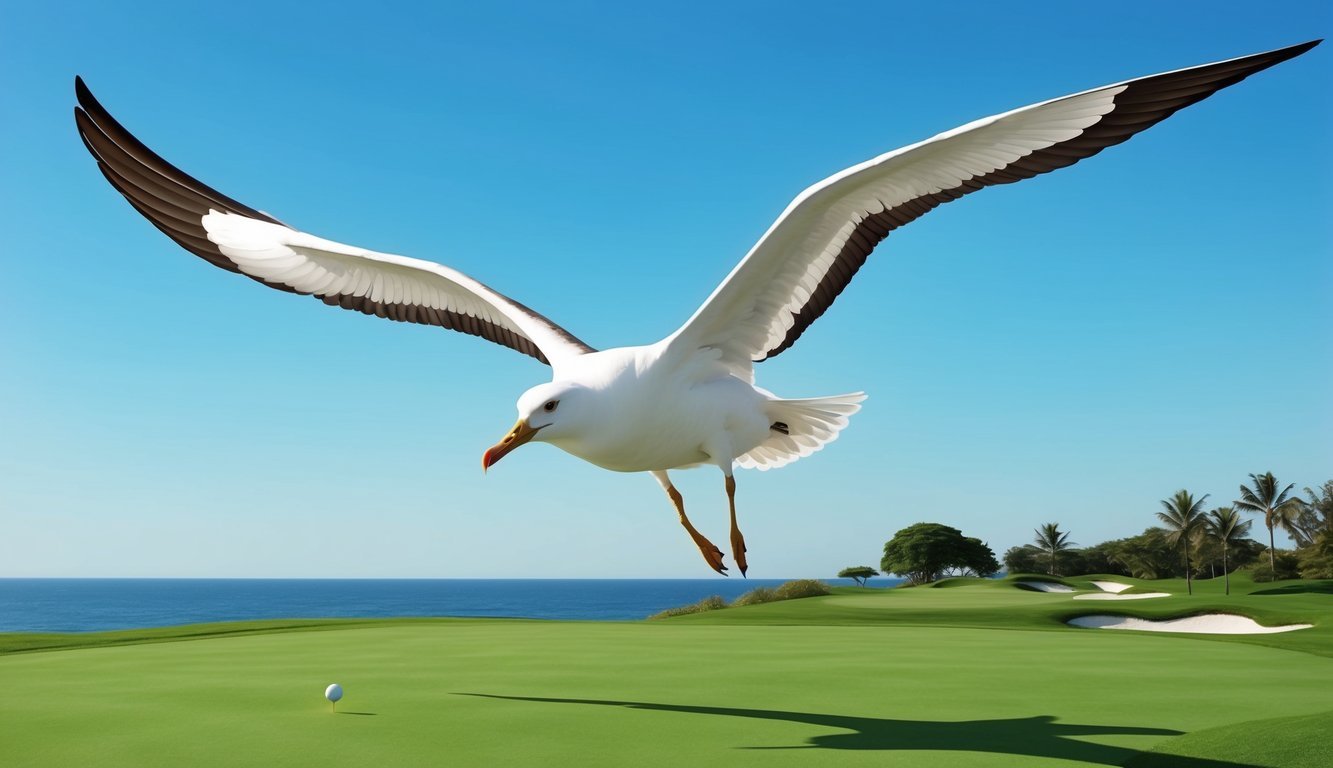 A lone albatross glides gracefully over a lush green golf course, its wings outstretched against the clear blue sky