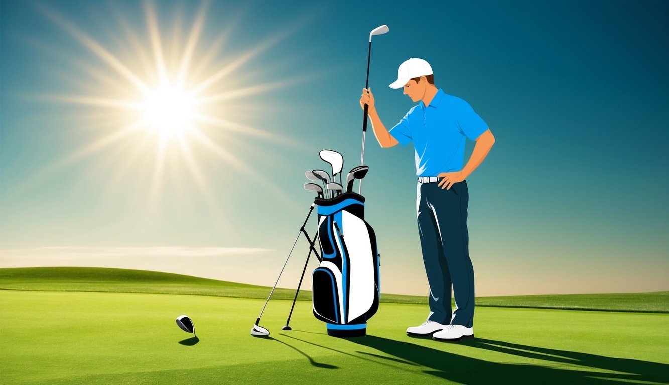 A golfer stands on the fairway, contemplating between a 7 wood and a 4 hybrid club.</p><p>The sun shines overhead, casting long shadows on the grass