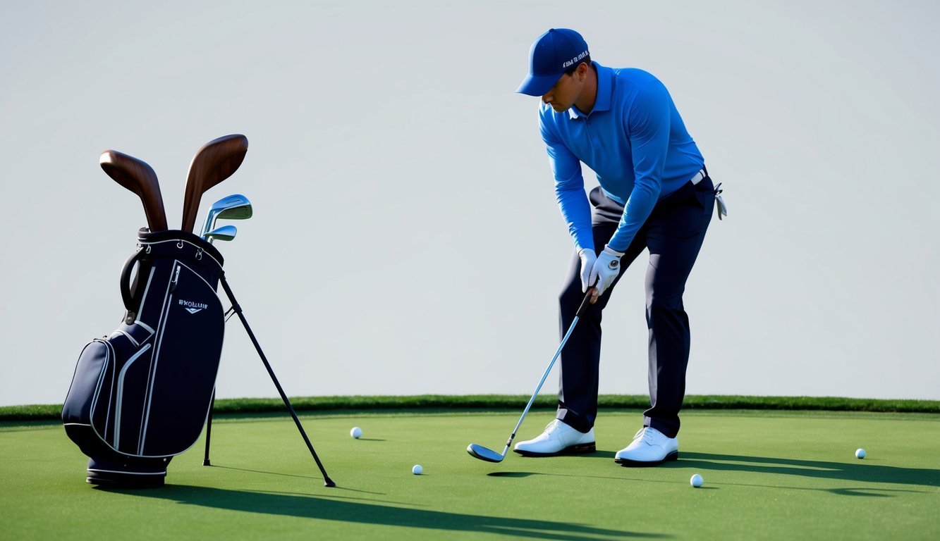 A golfer tees up with a 7 wood and a 4 hybrid, contemplating which club is better suited for the upcoming shot