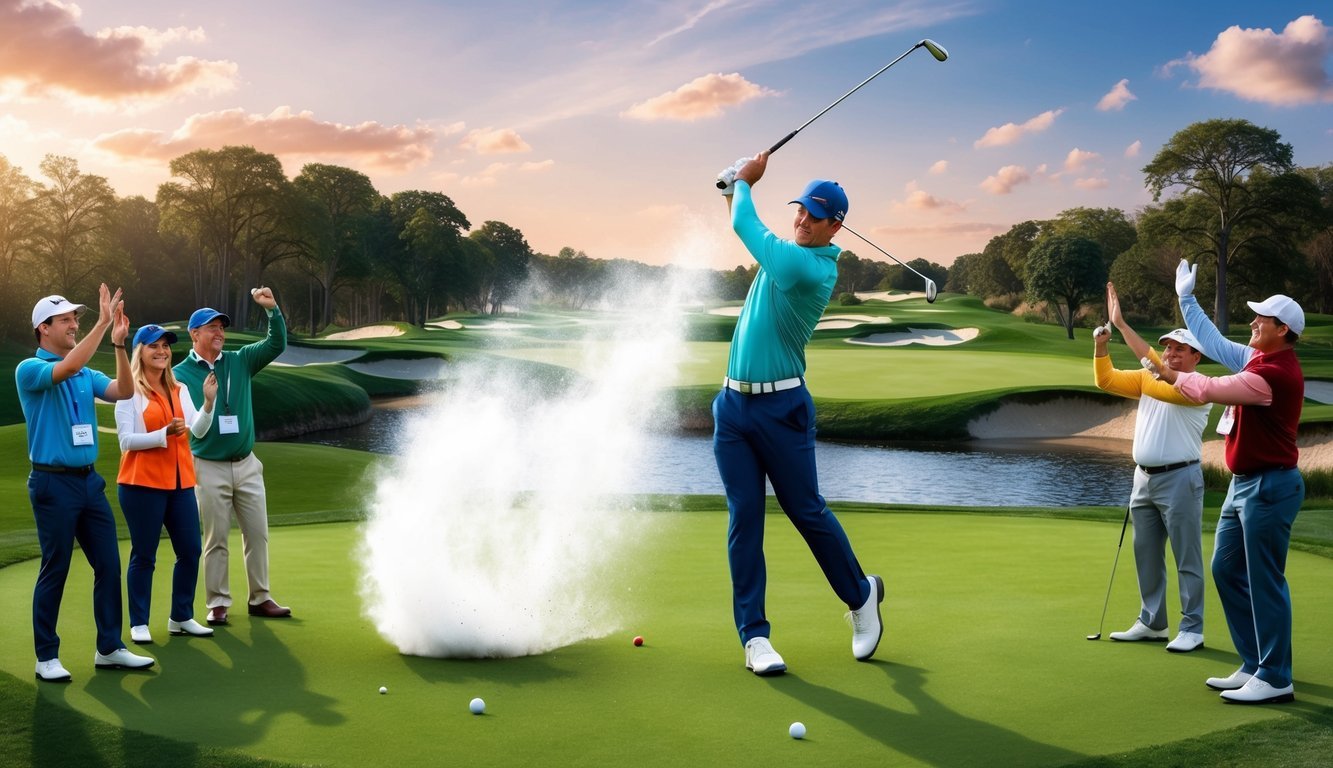 A golfer hitting a perfect albatross shot, surrounded by cheering fans and a picturesque golf course