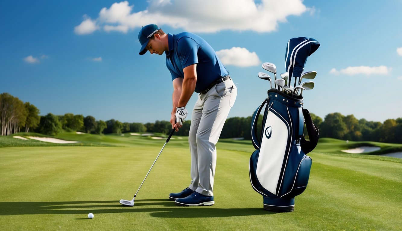 A golfer lines up a shot with a 7 wood and 4 hybrid club on a lush fairway