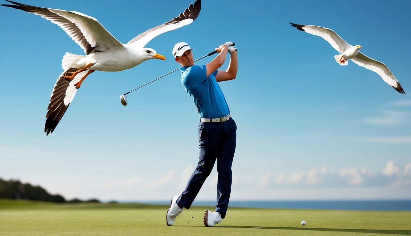 A golfer executes a perfect swing, the albatross soaring in the background