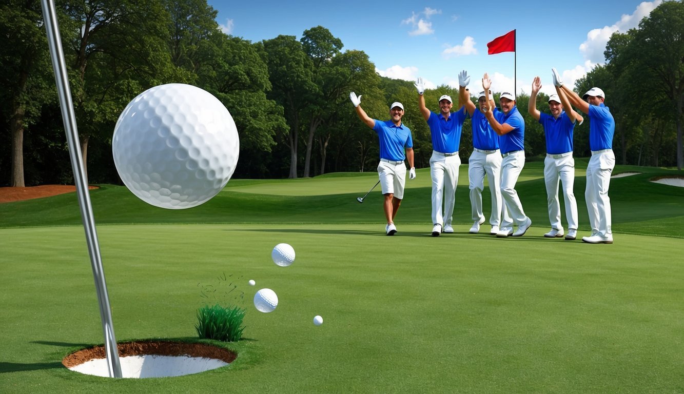 A golf ball soaring through the air towards the hole, with the flag waving in the distance.</p><p>A group of golfers cheering and high-fiving in celebration