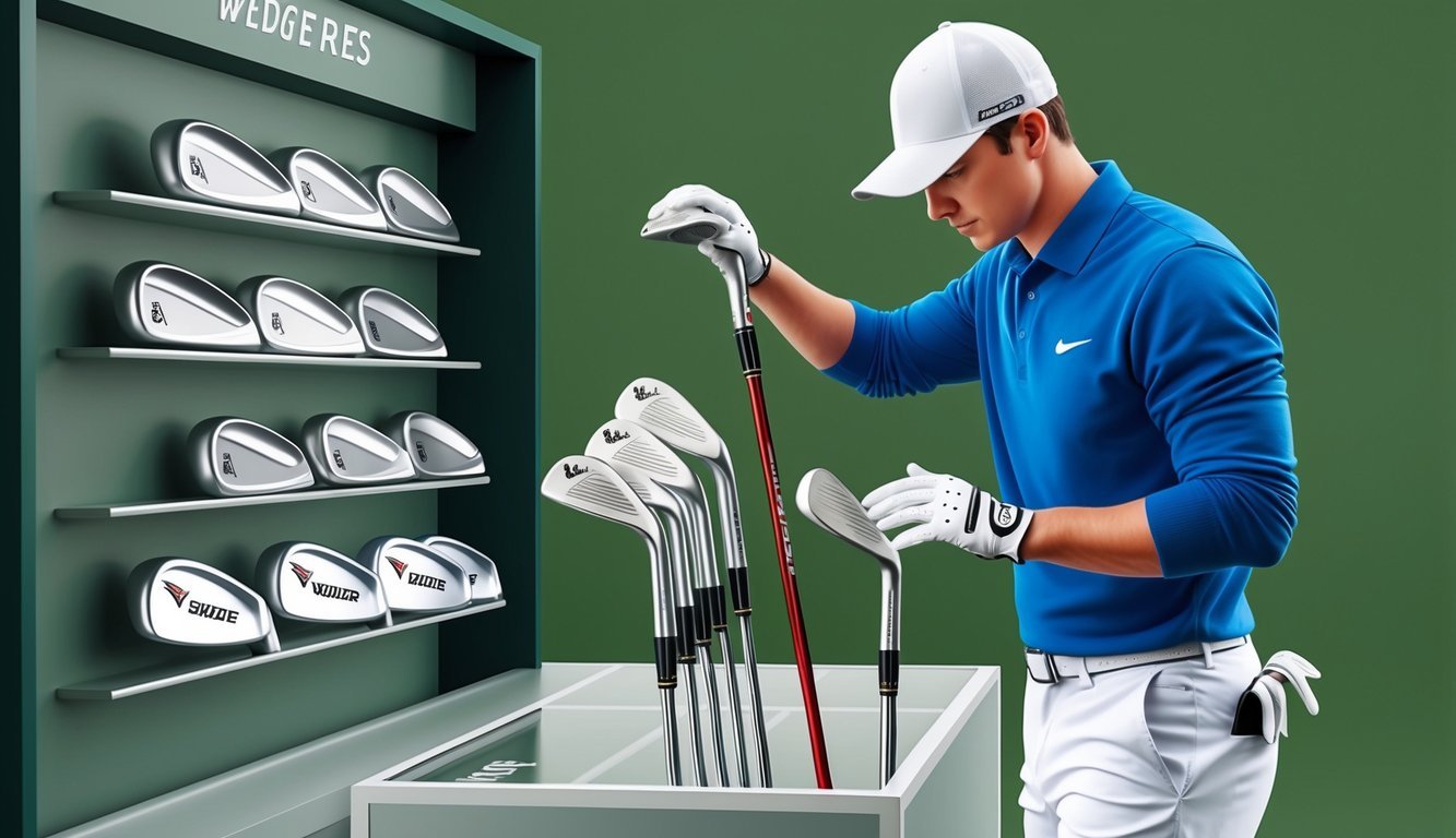 A golfer carefully selects a wedge from a display of various loft options, examining the club head and shaft for the perfect fit