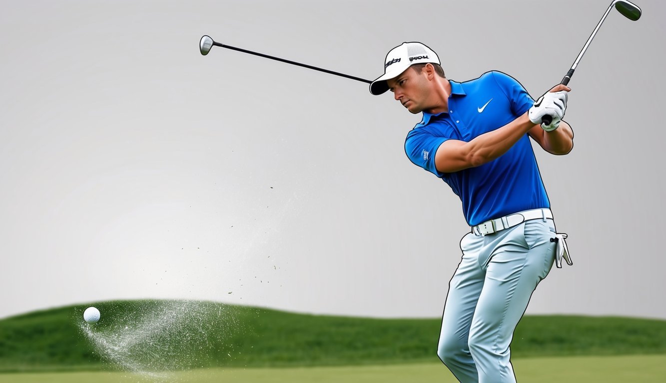 A golfer executing a powerful attack wedge loft, with precise technique and focus on the ball's trajectory