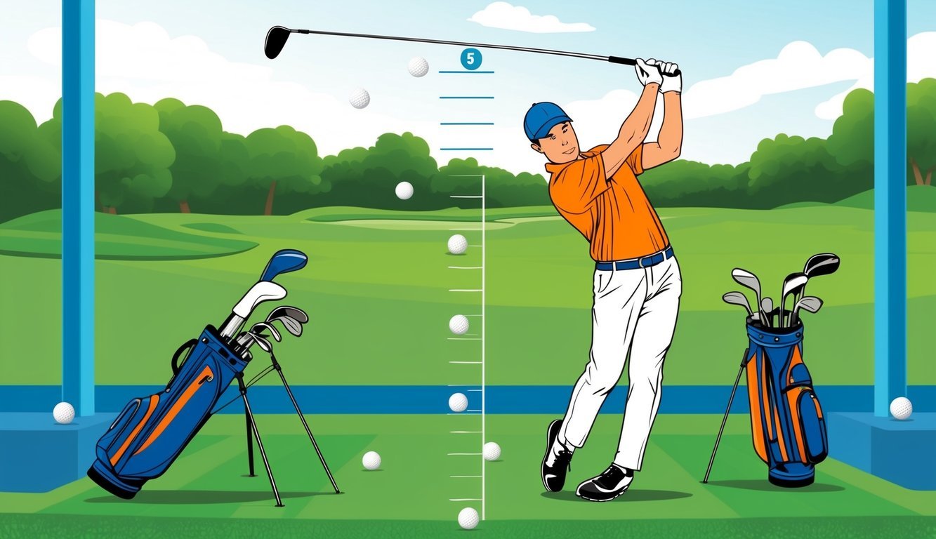 A golfer on a driving range, hitting golf balls with various clubs to measure and improve their average distance