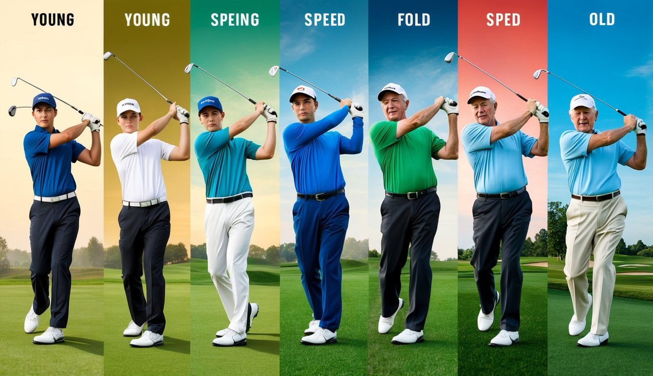 A golfer of each age group swings a club, with speed increasing from young to old