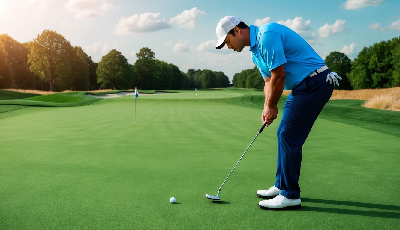 A beginner golfer lines up a shot on a pristine putting green, focusing intently on the ball and the hole in the distance