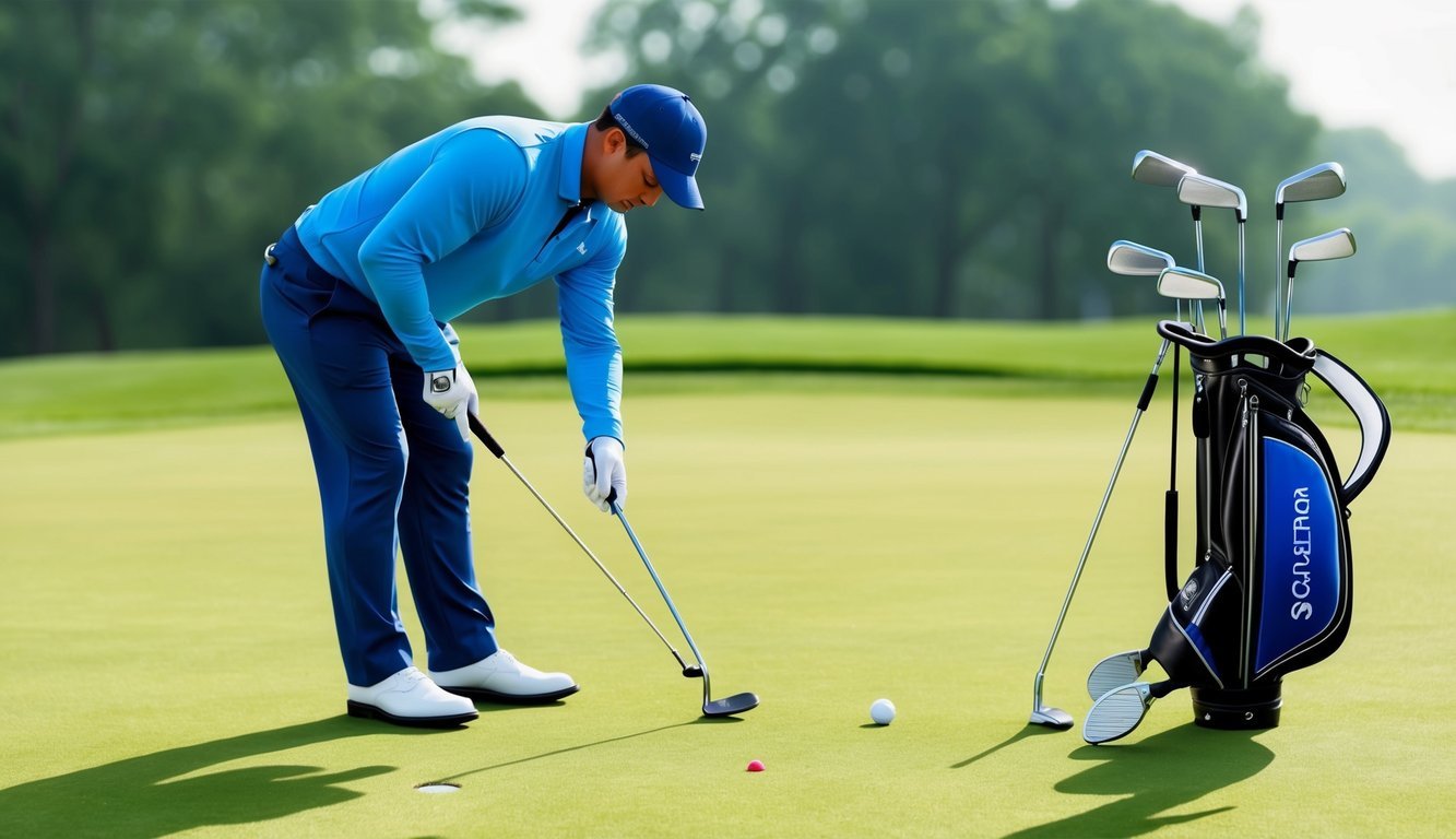 A golfer lines up a putt on a green with a selection of putters nearby