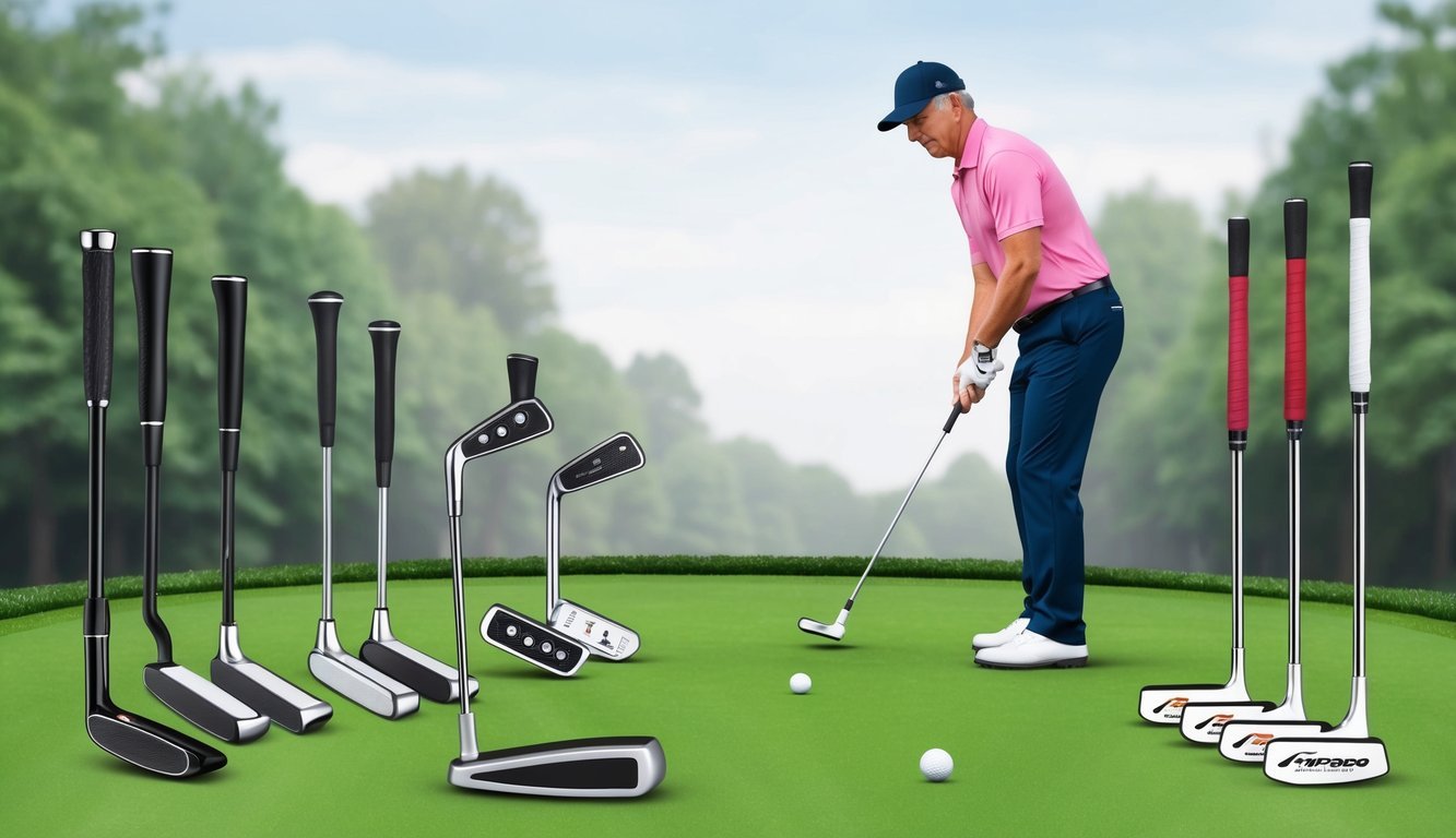 A high handicapper standing on a putting green, trying out different putters with a variety of grips and head designs