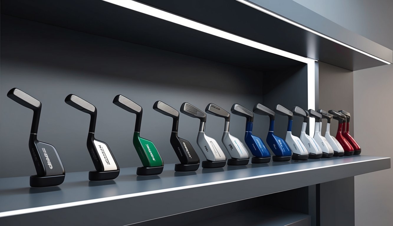 A lineup of top golf putters displayed on a sleek, modern shelf