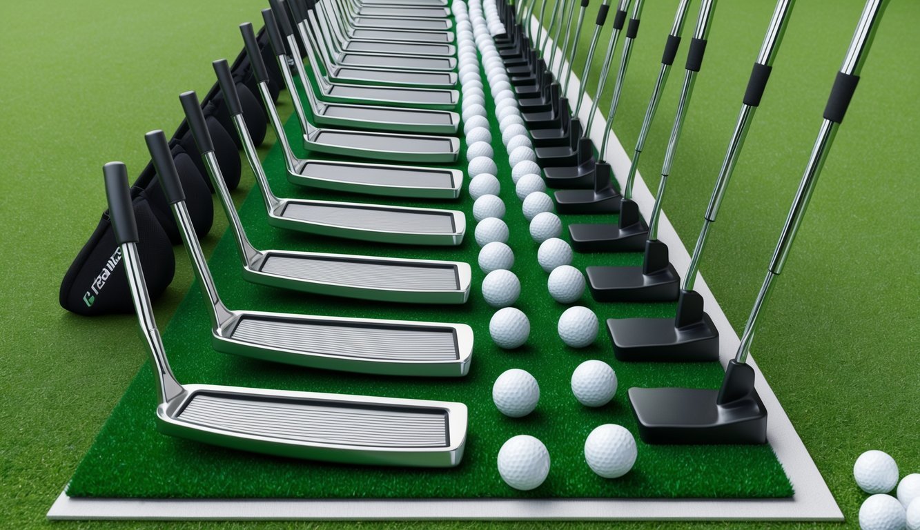 A row of putters lined up on a green, surrounded by golf balls and a practice putting mat