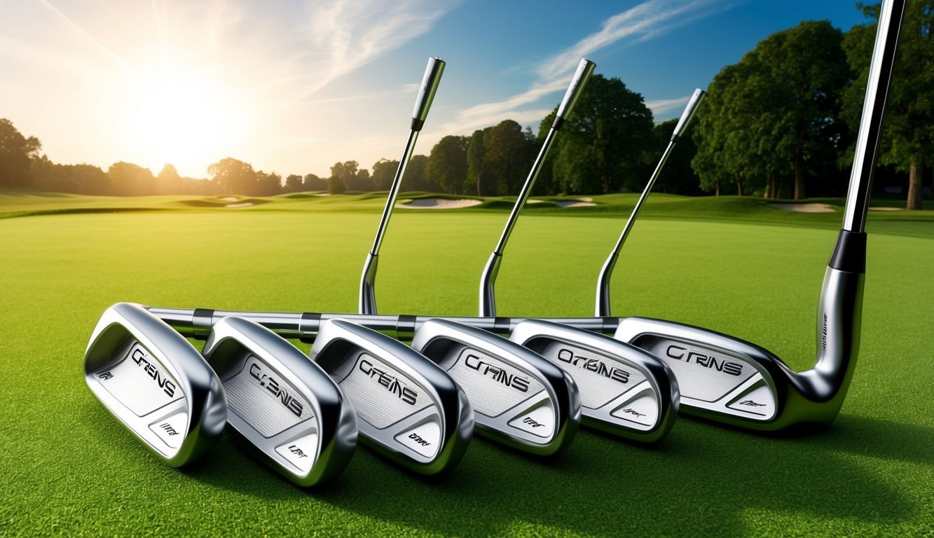 A set of sleek, high-performance irons arranged neatly on a pristine green fairway, with the sun casting a warm glow over the perfectly manicured golf course