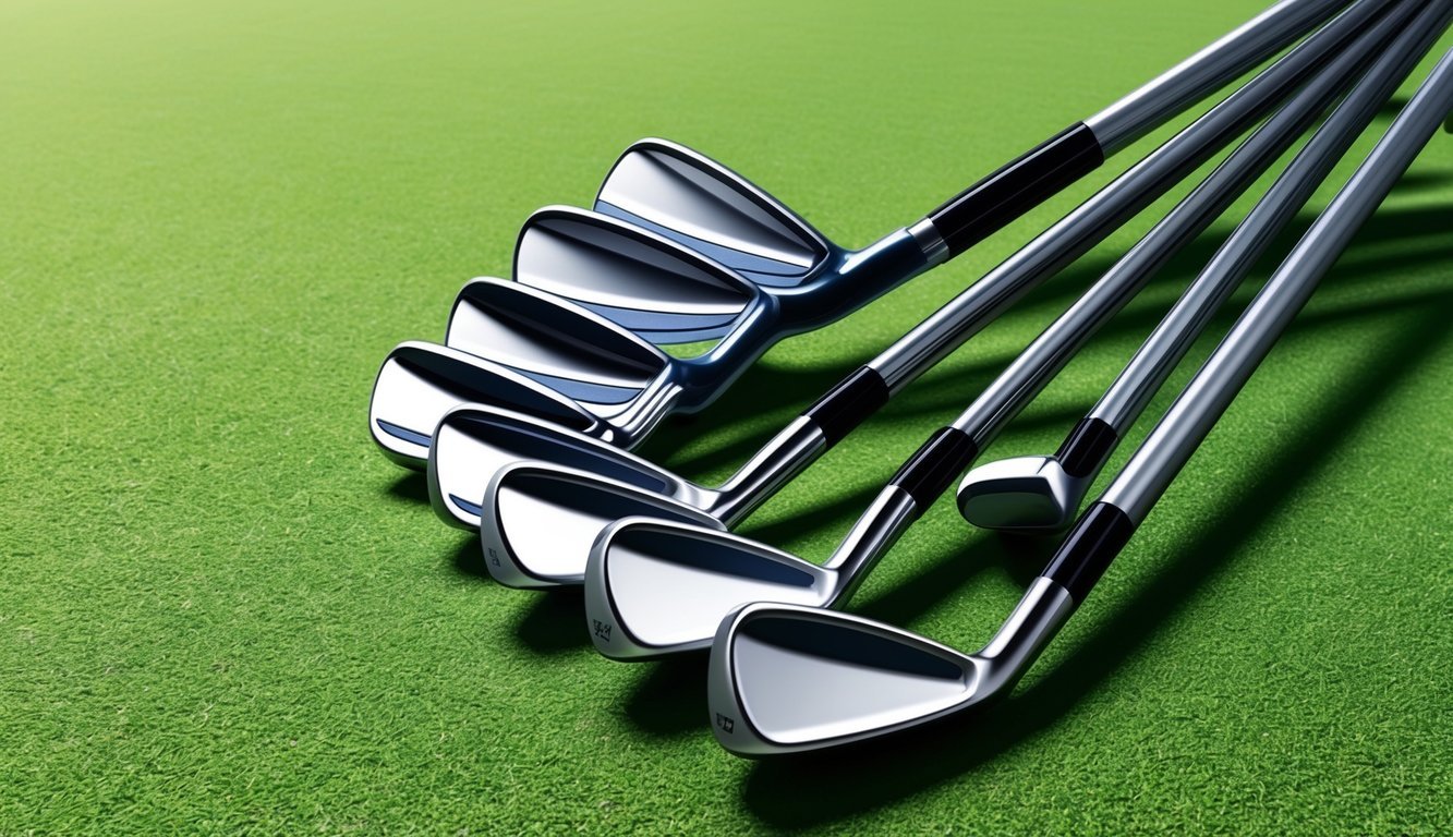 A set of sleek, modern women's golf irons arranged neatly on a pristine, green fairway