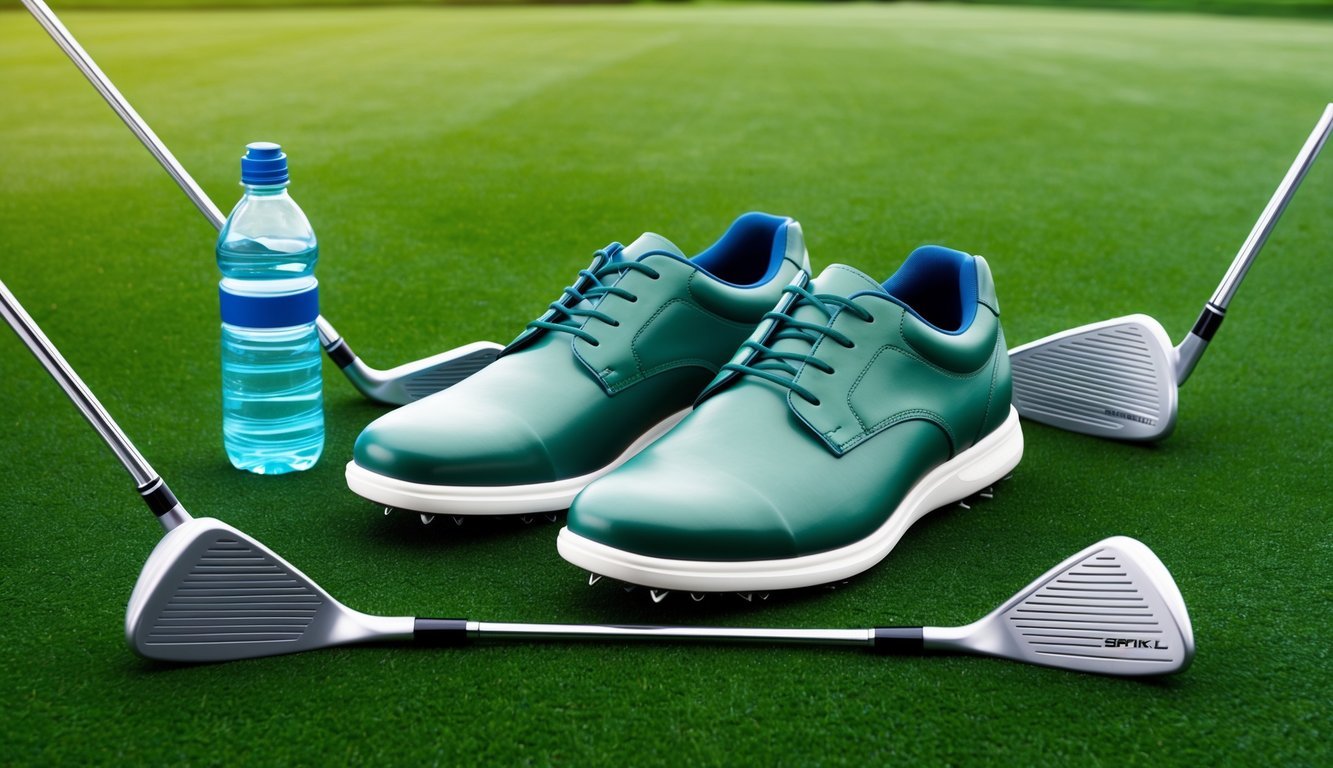 A pair of spikeless golf shoes resting on a lush green fairway, surrounded by neatly arranged golf clubs and a water bottle