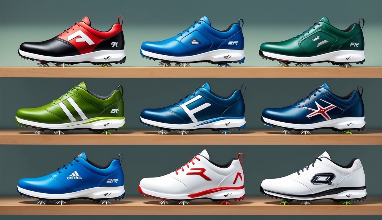 A row of top golf shoe brands displayed on a shelf, showcasing their standout spikeless models in various colors and designs