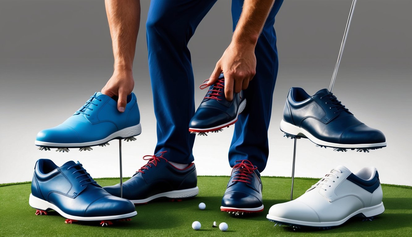 A golfer trying on various spikeless golf shoes, examining fit and comfort