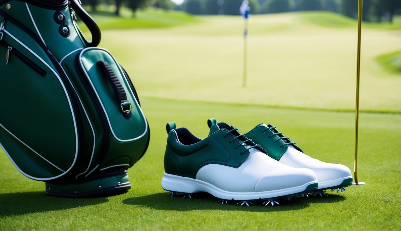 A pair of spikeless golf shoes placed neatly next to a golf bag on the lush green grass of a golf course