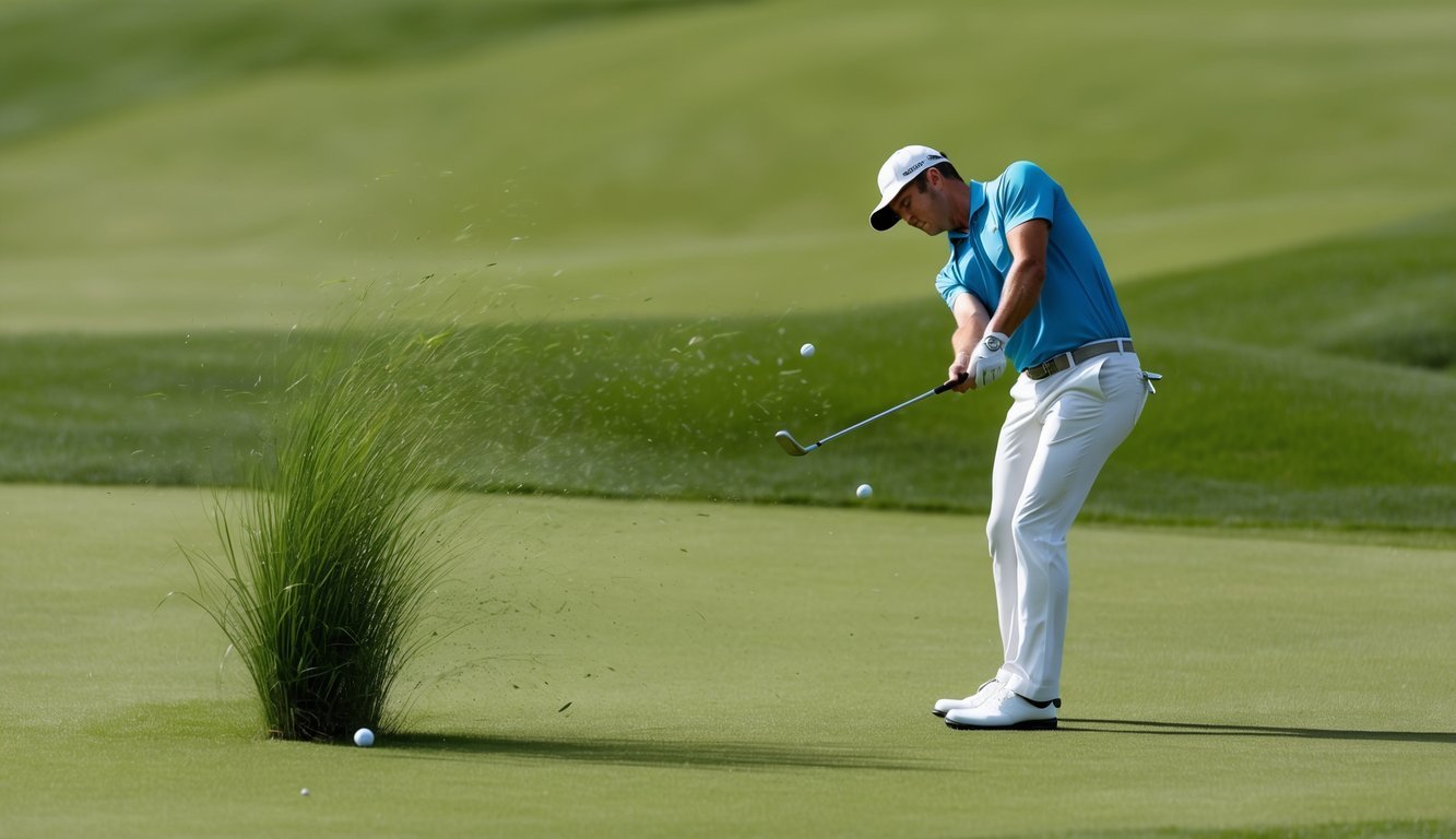 A golfer swings a chipping club, grass flying as the club strikes the ball