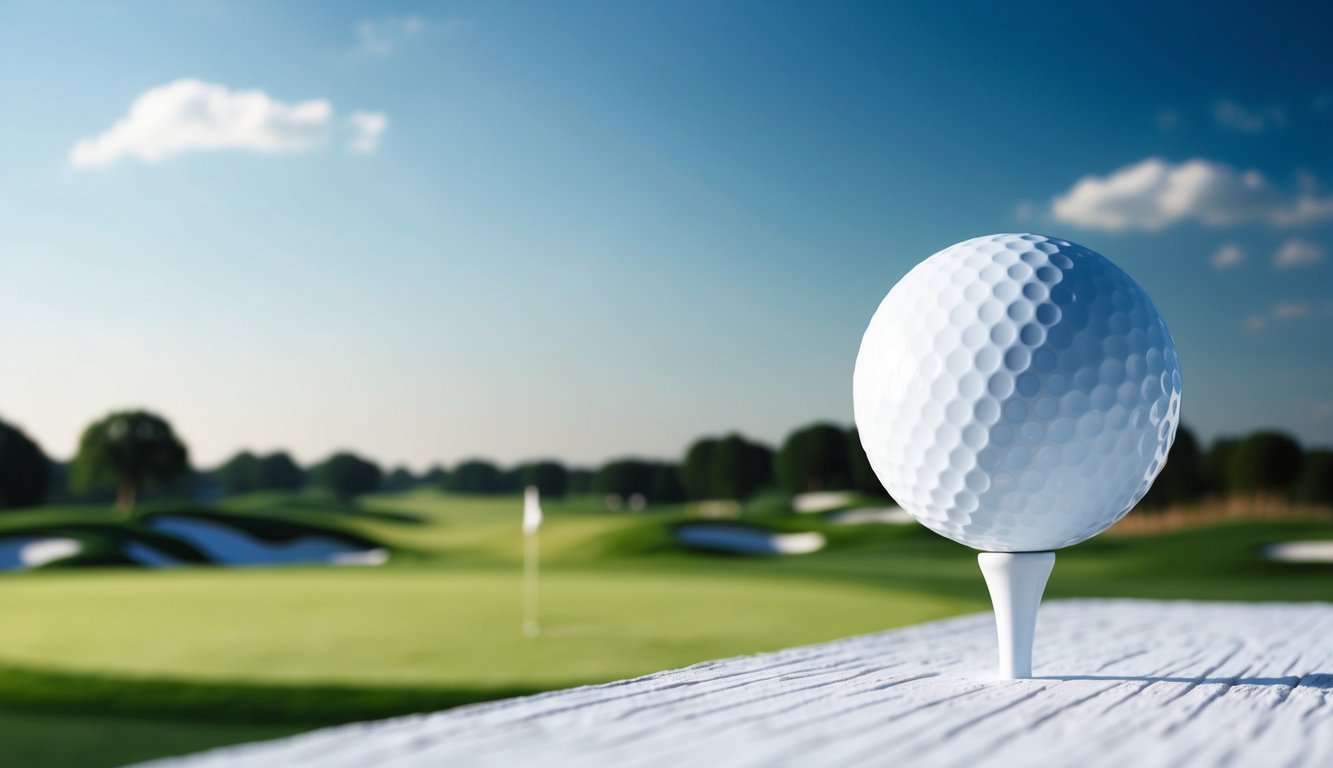 A golf ball on a tee, with the background showing a lush green golf course and a clear blue sky