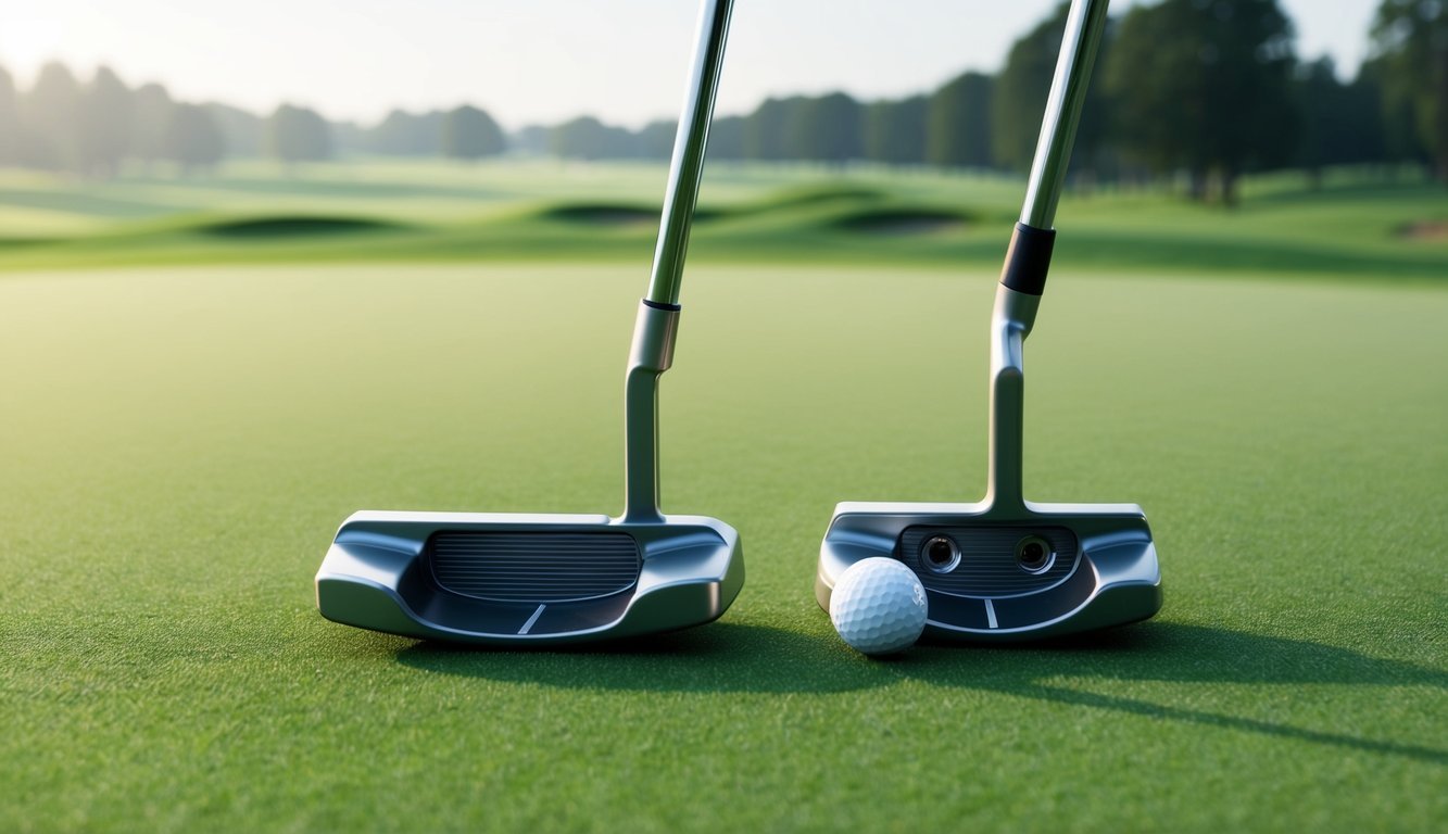 A blade putter and a mallet putter sit side by side on a perfectly manicured green, surrounded by the peaceful stillness of the golf course