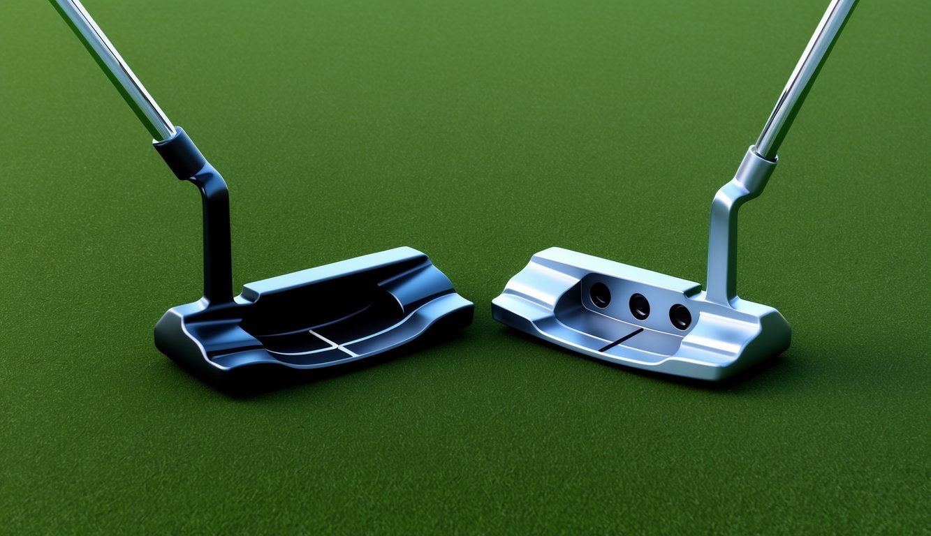 A blade putter and a mallet putter sit side by side on a green, contrasting in size and shape