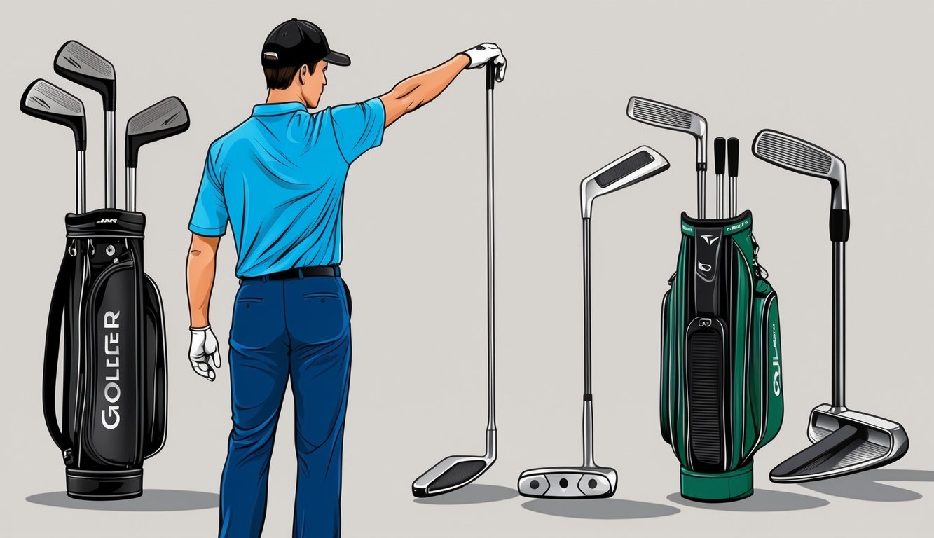 A golfer stands before a display of putters, comparing a sleek blade putter with a sturdy mallet putter.</p><p>Various customization options are visible