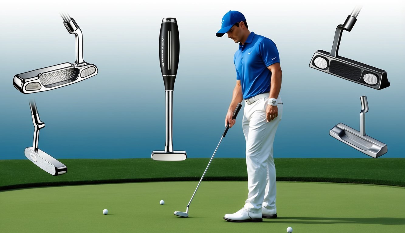 A golfer stands at a putting green, holding a blade and mallet putter.</p><p>Various iconic putters are displayed in the background