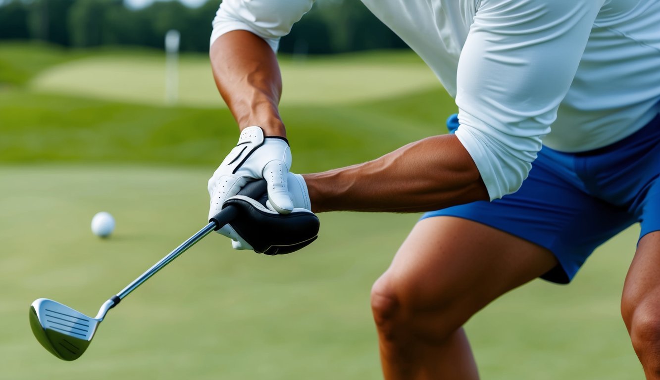 A golfer's wrist is positioned in a cupped shape while practicing drills and techniques on the golf course