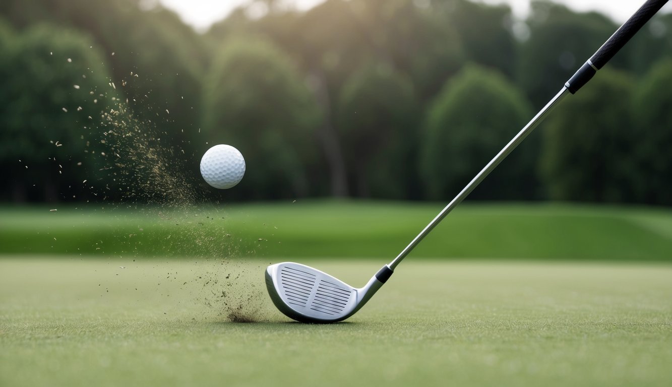 A golf club is swung, striking a ball high into the air