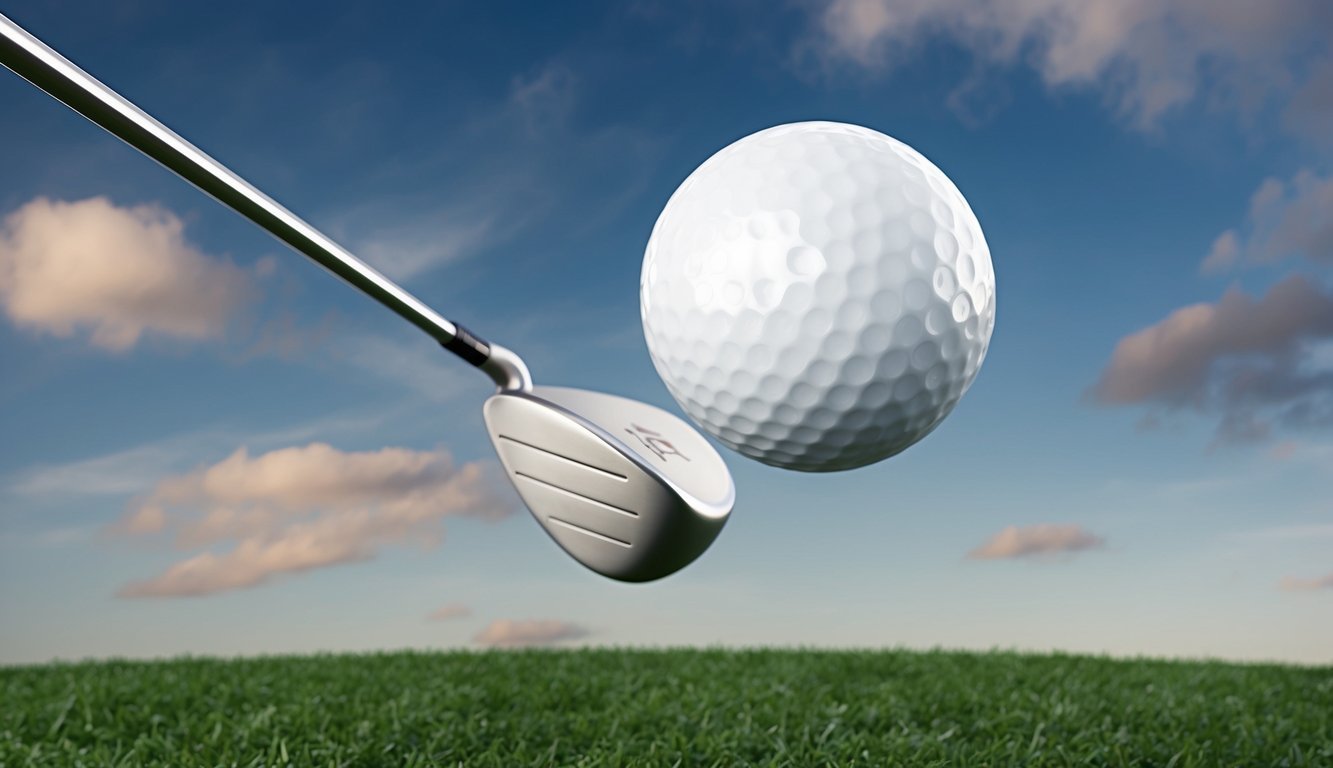 A golf ball flying through the air with a visible spin, influenced by the loft of the driver