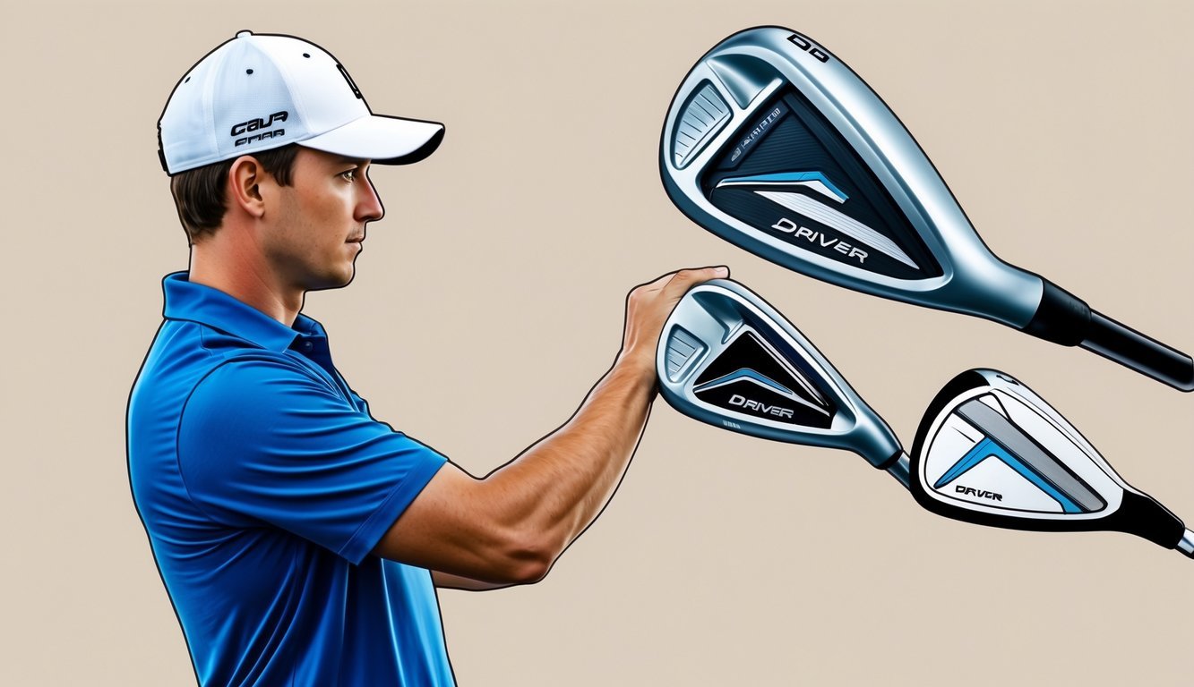 A golfer carefully examines different driver lofts, comparing their angles and designs before making a selection