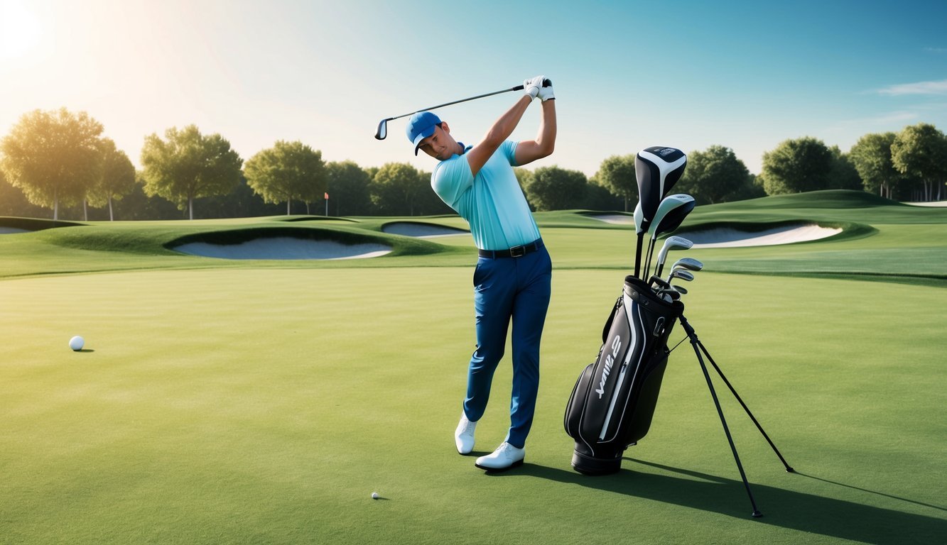 A golfer adjusting the loft of a high-tech golf driver on a pristine, sunlit driving range