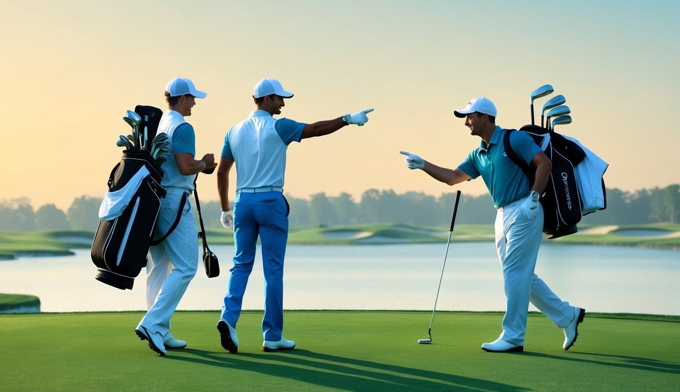 A forecaddie points to the green while a caddie carries clubs