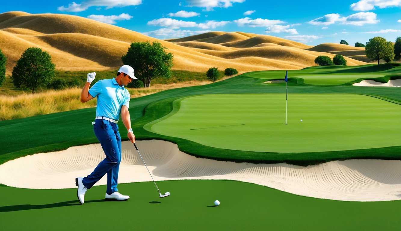 A golfer executing a flop shot over a sand trap onto a green with a picturesque background of rolling hills and blue sky