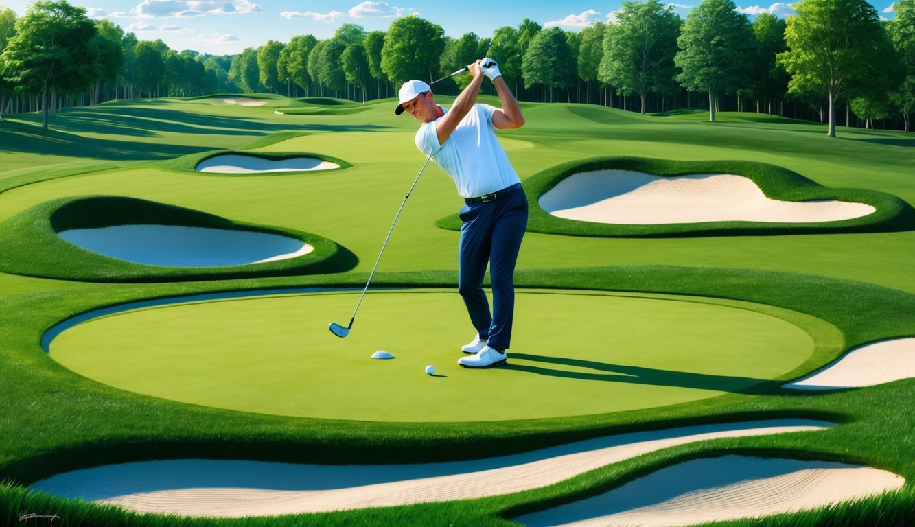 A golfer expertly executes a perfect swing, hitting a flop shot onto a green surrounded by sand traps and lush fairway