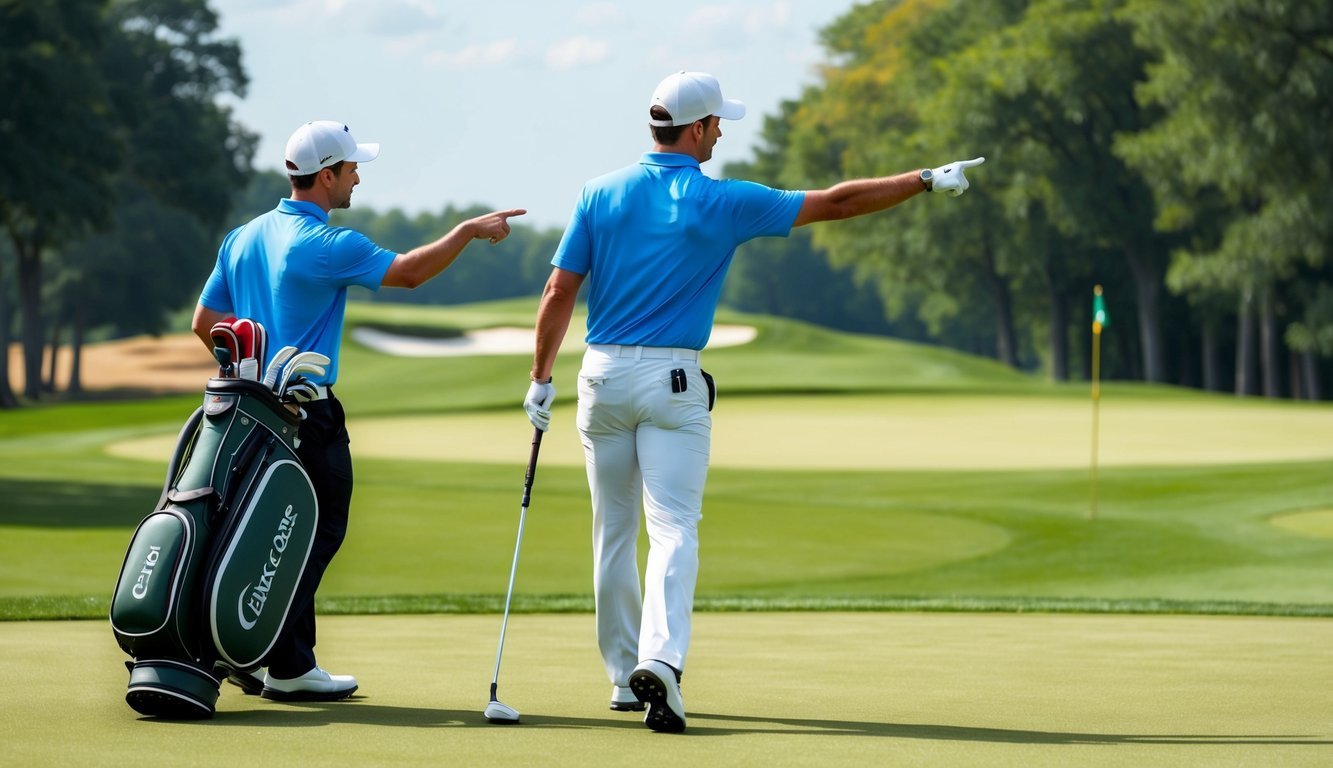 A forecaddie points to the green while a caddie carries a golf bag on the course